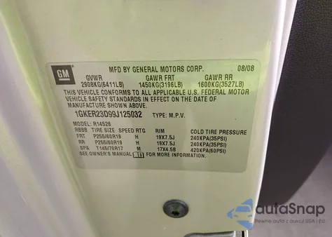 2009 GMC Acadia Slt-1 z USA, uszkodzony, nr VIN 1GKER23D99J125032